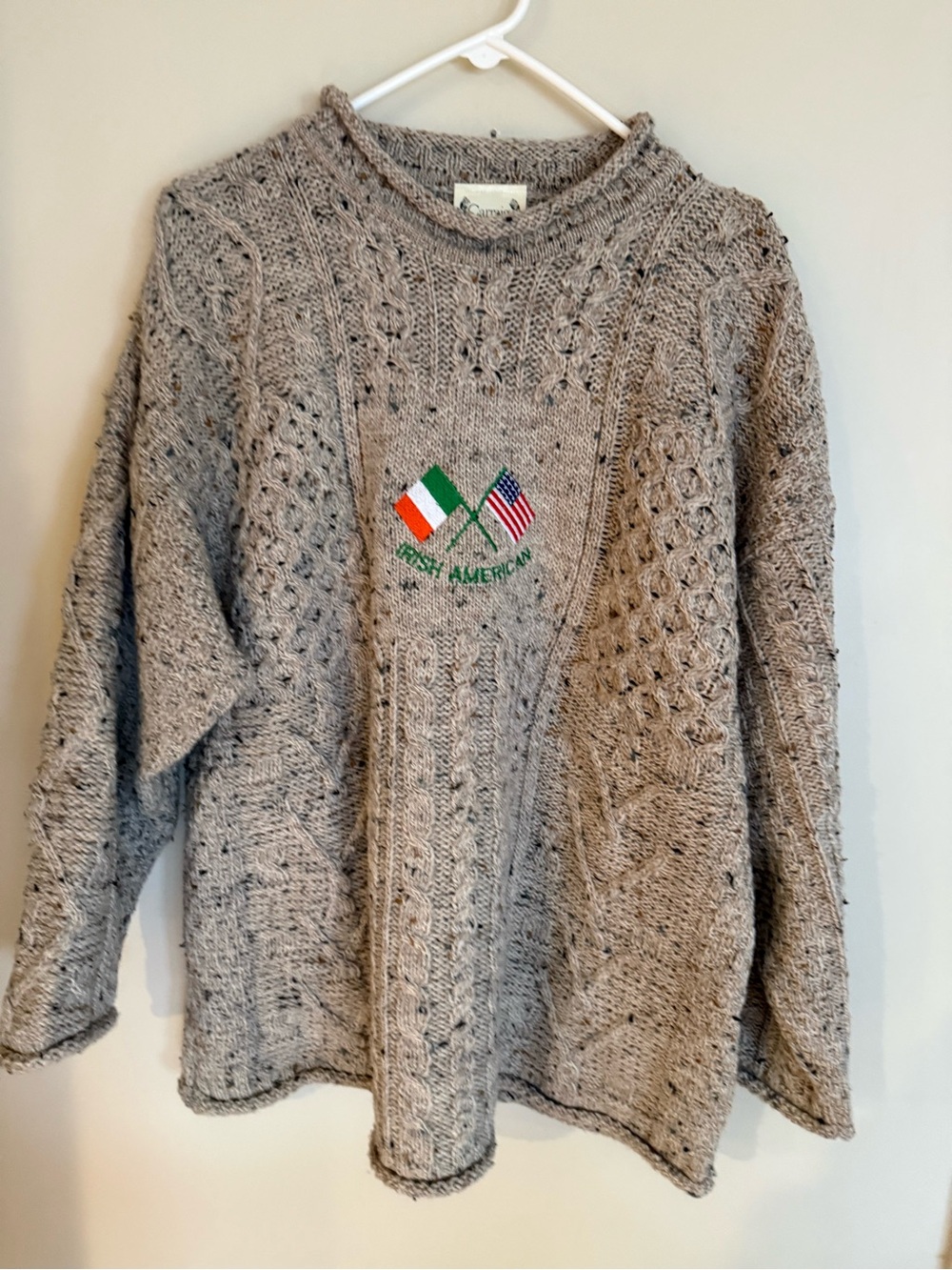 Carraig Donn Irish American Embroidered Cable Knit Sweater - Heather Taupe Color